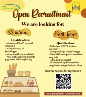 Halo mahasiswa UBAYA 👋

Ubaya baking center lagi buka pendaftaran SE dan Part Timer Nihhh
Buat kamu yang tertarik untuk join, bisa scan dan isi link yang tertera di post ini yaaa

Selamat mendaftar✨
